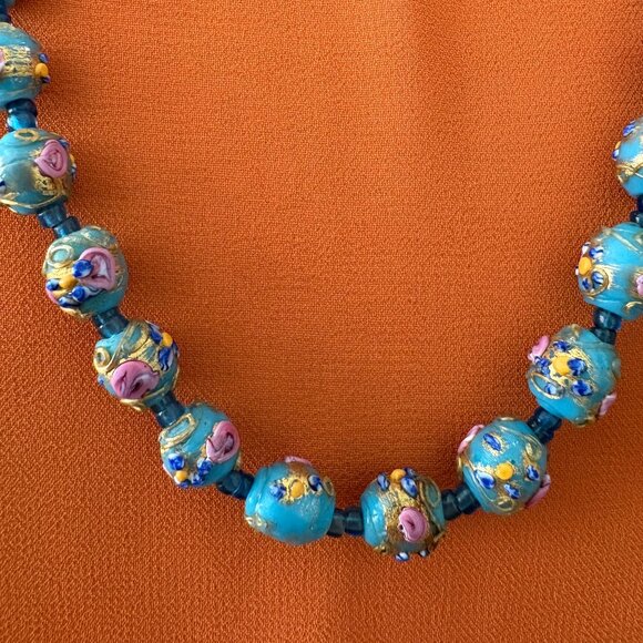 Blue and Pink Graduated Lampwork Bead Necklace 28 Inches - Picture 2 of 6